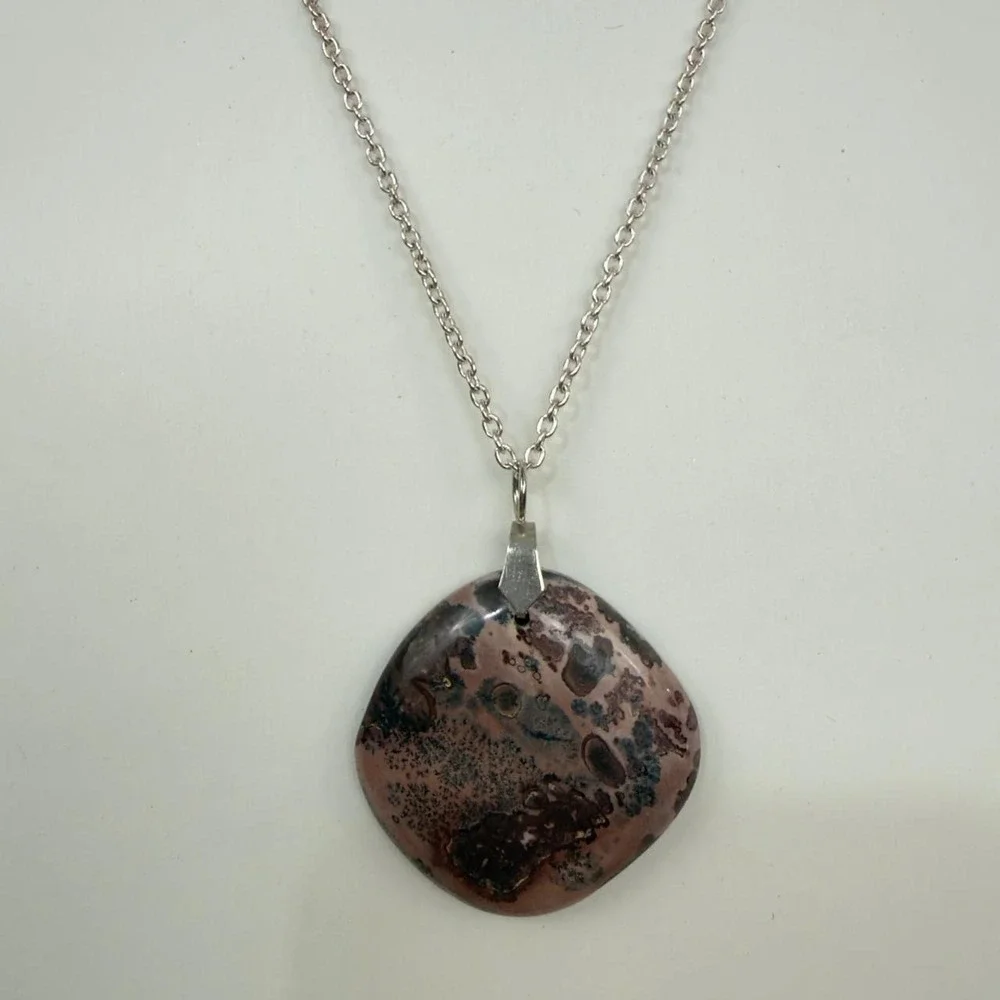 Natural Stone Boho Necklace Mauve Earthy Pendant Silver Tone Organic Design